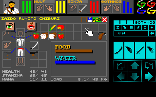The inventory screen. Why so much food lying around the place? Because you're all slowly starving to death. Welcome to old-school gaming, kiddos.