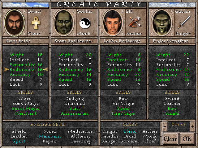 Okay, there's way too much to talk about here on the character creation screen. I'll prioritize the most important points: Since this is an evil party, I named them all after the rivalvideogamewebsite team (all anagrams of the Bomb Crew, naturally). Classes-wise, I'm going with a normal enough offensive spread here. Archers tend to double as fairly decent mages, and Knights and Monks are the best at dealing out damage.