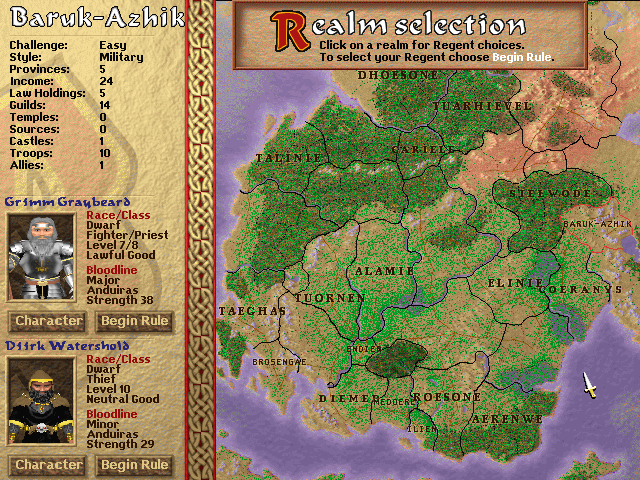 These are the fiefdoms we can choose to rule. The territories without names are either too important to the story to be left in the hands of human error or are led by the aforementioned horrible Azrai monsters. The game will helpfully inform you of each region's rulers, its holdings and territories going in and - most importantly - how hard the game will be to win and what kind of approach you ought to take. Military is easy enough to figure out, but pacifists might be better off taking a route that involves peaceful trade and diplomacy, sneaky espionage, or focusing on accruing magical energies and using that to fling realm spells everywhere. It's really quite a versatile game. I went with these guys because dwarves are cool and being the isolationist Baruk-Azhik makes for an easy time of things when talking nice to people isn't your forte.