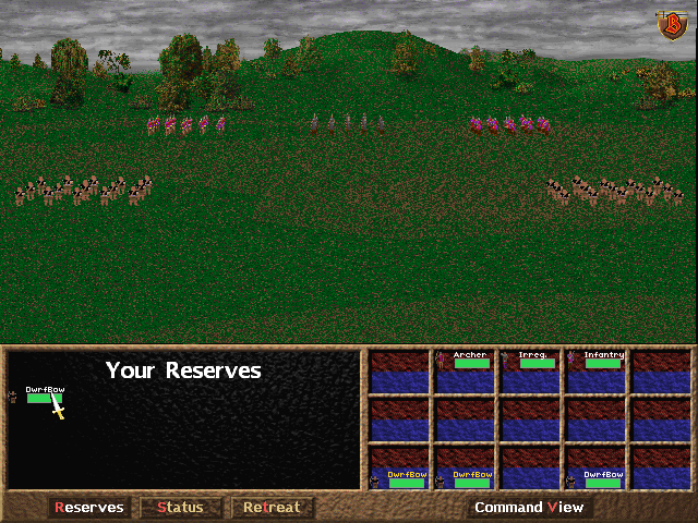 These are what the battles look like. While the top screen looks busy enough (though perhaps not right now), all the action is down there on that grid on the bottom right. The idea is to move troops around the 3x5 grid in order to engage the enemy and maneuver troops to stage fun tactical stuff like flanks and pincer attacks while ensuring a beleaguered troop has somewhere to fall back to if things go sour. Troop types with a Charge stat can do extra damage by moving towards an enemy troop, while archers can target any troop on any of the four adjacent squares. There's also stuff like terrain to worry about, and if at any point one side has less than 1/5 of the troops on the field, they automatically lose (it counts as being routed).