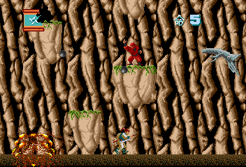 This next stage forces you to ascend this cliff vertically, which is a neat touch. I mean, this was in Ninja Gaiden as well, but it's a nice change of pace. Except when you miss a platform and fall gently to the bottom, that's when you start pining for the horizontal once more.