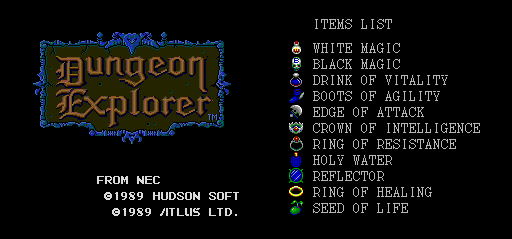 Welcome to Dungeon Explorer! The attract screen handily tells you what all the items are, if not the slightly more vital information of what they do. In short, the two magics are one-use spells, the following five items temporarily boost a specific stat, the next two add weapon effects and the last two are healing items. No, you don't have to remember all that for later.