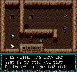 Hey Judas! You seem trustworthy. (He's not kidding about the Bullbeast though, about its proximity or its emotional state.) This screen also helpfully summarizes the entire game: The dark red circle in the center is a portal, from which monsters endlessly spawn until it's destroyed. You just do that until you reach the next set of stairs and try not to die, basically.