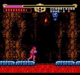 Zone 2 is a subterranean level and is really where the game starts to double-down on its insta-kill pitfall traps. As with Castlevania, you have a formidable amount of health and a fair number of opportunities to recover it, but a single knock-back can send you careening off ledges to your death. It's fun like that.