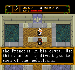 Oh right, the compass. This game does do one thing that the first Zelda doesn't: Gives you some idea of which direction you ought to be heading. Of course, it can't do the big overworld map with a flashing symbol that Link to the Past does, but that game did come out a couple years later. I'm giving Neutopia a break for that one.