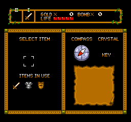 So this is here is the inventory screen/pause menu. We got our compass (we have to pause the game to check it, conveniently), some dungeon-only stuff on the right and our equipment on the left. Pretty straightforward.