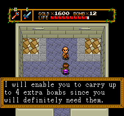 This is the same guy that upgraded your health in the first world, incidentally. If you find him again in the second and third worlds, he'll upgrade your bombs both times. Bigger bomb bags, essentially. I'd like to see Zelda pull something like that off!