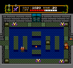More new enemies: Those purple-legged things stay perfectly still and then skitter right at you. It's a little off-putting The fat little red bat thing just floats away while fireballing you constantly. Nothing but the most charming monsters in the final dungeons of the game.