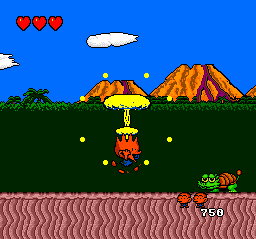 This is Bonk's other big gimmick: the meat. Eating a small piece of meat transforms Bonk into a considerably more badass version of himself. Not only does he hit harder, but by hitting the ground with his head he can stun all enemies on the screen briefly.