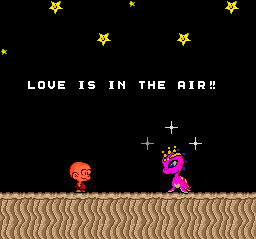 The Princess is restored and she... suddenly has the cross-species hots for our hero. Aren't there any nice bald human ladies around? (There actually is in the Arcade version.)