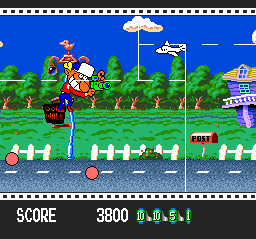 Just taking a picture of this regular old plane in the background. Even non-special stuff like this will still earn you a small amount of points, especially if it's a moving target. (Incidentally, I love the wobbly art in this game. Very Toejam and Earl/Day of the Tentacle.)