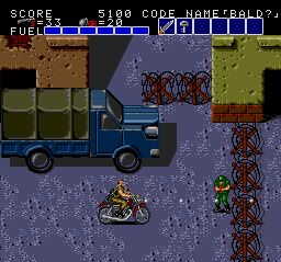 And he we go! Motorcycles work like the tanks in Ikari Warriors: Lots of firepower and you're invincible, but it will eventually run out of fuel/health. Once it starts flashing, that's your cue to get the heck out of there.