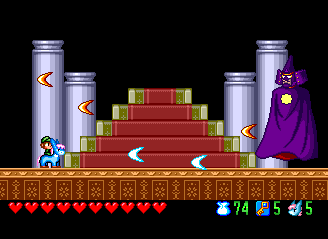Here's the Emperor. Since he fashioned his final dungeon around Castlevania, he fancies himself as a bit of a Dracula type. So most of the battle will be him floating on one side, firing a whole bunch, and then switching to the other. Because of this predictable pattern, he's a bit easier than most of the other bosses.