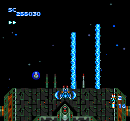 Problem number 2 with capping shoot 'em ups is that there's so much flickering sprites that I barely snagged half of my damage output here. There's supposed to be four lazers arcing up the screen.