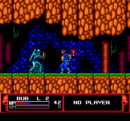 These skeletons are the first real threat down here, since you need to get past their shield. Enemies have the unfortunate tendency do that instant respawn thing that was so much fun in Ninja Gaiden - where simply passing the same pixel on the stage creates another one.