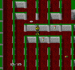 Gilgamesh, the hero, has an odd way of fighting enemies: The player needs to draw his weapon and then hold it there, poking enemies in front of him. Enemies get hurt if they walk into the sword's point and the hero gets hurt if he stands in the same place as the enemy. Kind of rudimentary, but then you're better off avoiding enemies if you can help it anyway.