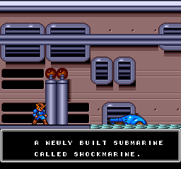 Some mysterious person, perhaps the narrator, informs Shockman that this is the Shockmarine. Sounds like an electrocution mishap waiting to happen.