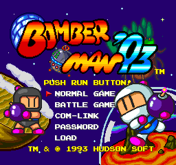 Welcome to Bomberman '93! Damn, that's a busy title screen.