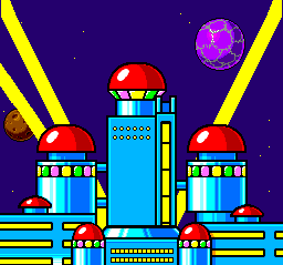 I dunno, I quite like this game's occasional use of heavy black outlines. This gaudy future city reminds me a little of WarioWare.