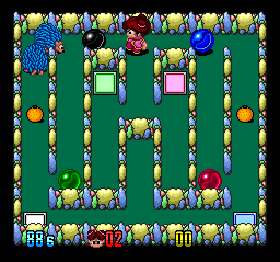 So this is the game. The objective is to move the four marbles onto their colored tiles. I found the kick button right away, which isn't the easiest way to move these orbs around.