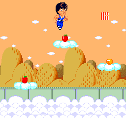 I just have to hop on clouds and knock as many pieces of fruit off before the time limit expires. It's a bonus stage. They're all pretty much like this, aren't they? Maybe with less cloudfruit?