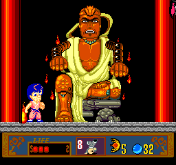 The odd thing about this boss is while he looks enormous and intimidating, the only thing in this fight that can hurt you is a little flame that wanders around. As long as you keep out of its way, there's not much this dude in a bathrobe can do.