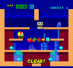 As is customary for any Bubble Bobble game, the screen fills with fruits and desserts whenever it is cleared of enemies, and you have a short amount of time to frantically run around and devour it all before getting swept along to the next stage. No wonder Bub and Bob never seem to lose any weight.
