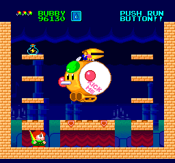 The first boss looks like it came right out of Parodius, with a full assortment of instruments and a little dancing couple on top. We have a special weapon for this fight: the lightning in a bottle.