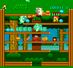 I find one of the well-hidden miracle icons on this stage, the equivalent of the big gemstones from Rainbow Islands, and everything kind of explodes and turns into high score items. I never did figure out how to make these miracle items appear back in the day, but then I didn't exactly have GameFAQs handy in 1992.