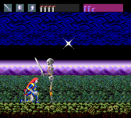 This is a boss fight, so the HUD across the top moves to show a purple boss health gauge previously hidden on the right. They all work off the same candle-based health economy as you do. He's also an enormous skeleton boss, but then I'm getting used to those after Legend of Hero Tonma.