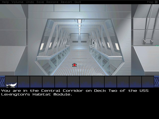 Welcome to Mission Critical! You'll notice that while the usual Legend text box and inventory slots are here, there's no longer a sidebar of commands cluttering things up. Also, every screen transition is fully animated in fancy 90s CGI, because this is the future.