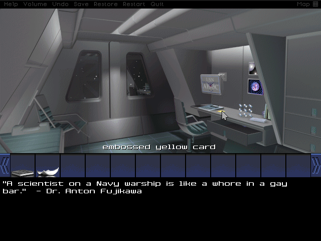 Holy shit, Dr. Anton Fujikawa throws blue. This is the Science Officer's quarters, obviously enough. Besides goofy 3D artwork and not-so-inspirational quotes, it's empty.