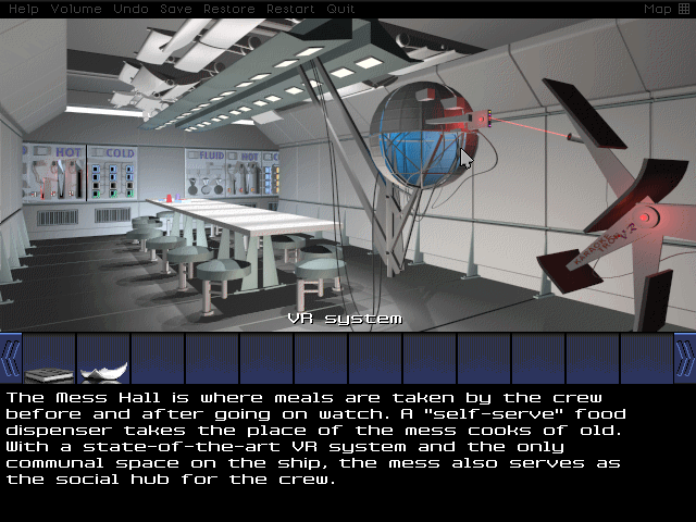 First though, we're checking out the Mess Hall. Besides crappy astronaut food, there's not a whole lot here to see. We can, however, access the VR computer here. Let's hope they don't have Dreadhalls or Kraken on this thing.