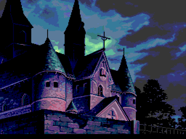 I'm going to have to come to terms with the fact that every Turbo/PCE-CD game opens with an anime cutscene. That's a pretty nice shot of a gothic cathedral though.
