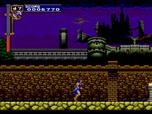 There's a neat parallax shot of Dracula's castle as you run across this screen, and you can spot a winged beast hurrying past you.
