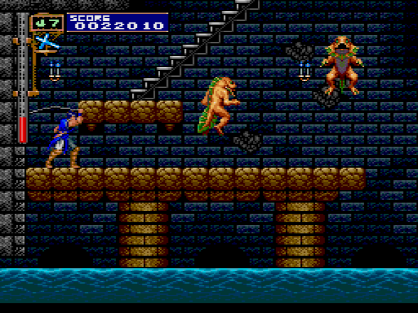More classic Castlevania monsters, living in the pool beneath the entryway as always. I appreciate that they stay a murky blue/green color before turning bright orange after jumping out of the water. Kinda like lobsters.