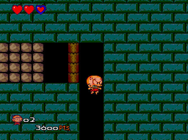 Bonk can't bite his way up every wall: solid walls like these bricks would be heck on his dental work. He can use repetitive flying head bonks to sort of wall-jump his way up, however. 