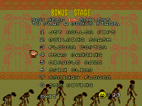 So, the smileys. If you collect enough, you play any one of these bonus stages. We've seen the first two already, so let's try Sky Diving. Here's hoping the game turns into Pilotwings.
