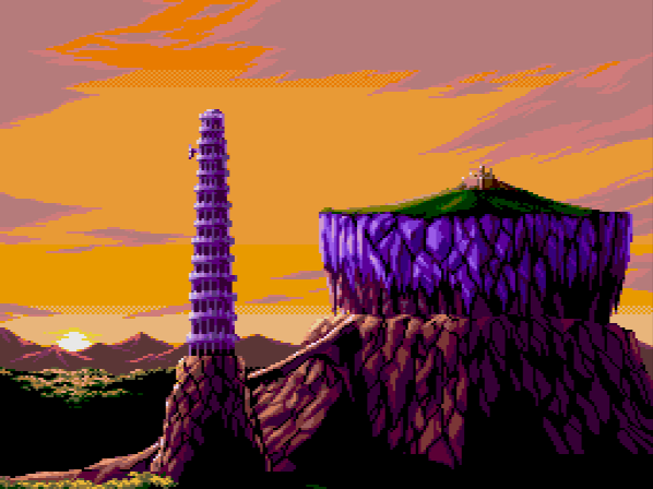 The game starts with this cool sinking island animation. Though my memories of the first two games are fairly dim, I believe the island is the legendary floating continent of Ys (for which the series is named) and the tower is the Tower of Darm, the enormous dungeon that makes up most of the first game.