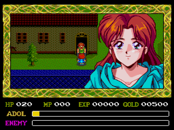 This is Lilia. She shows up the next morning to wake up a hungover Goban to see Adol. We rescued her in II and she's kind of had a giant crush on Adol since then. But Adol ain't here! He departed sometime earlier, on the way to Celceta.