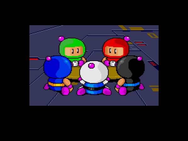 The Bomberman war council, which is to say the five Bombers from the multiplayer game huddled around a table with tiny coffees (this game is already too adorable), decide on a plan of action.
