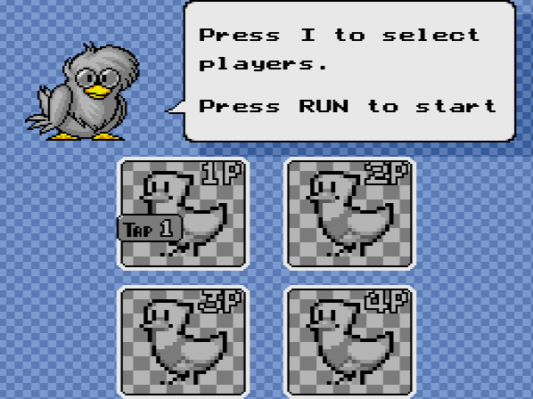 As Nerduck explains, you select the number of human players first and then CPU. Each duck here is represented by which quadrant they start in (4P is bottom right, for instance), so you can choose wherever you want to start.