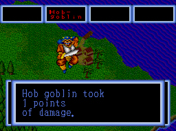 The hobgoblin in particular is a tough bastard. As stated during the pre-amble, all monsters will do in this game is hit you. All you can do is hit them, for right now. All these early battles are breathlessly exciting, in other words.
