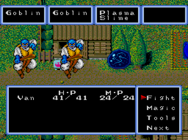 Wow, there's even random encounters in town now. The Plasma Slime is the weakest enemy, as per Wizardry/Dragon Quest tradition, though it's made out of plasma because that's science-fiction-y. The goblins aren't particularly science-fiction-y, unless you count their remarkable similarity to Saibamen. Good thing I'm not Yamcha! [/anime].