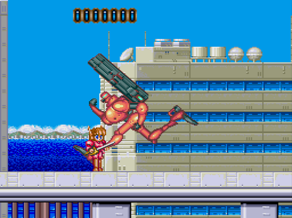 Next mid-boss is this sprinting robot with a giant missile launcher on its back. It's pathetically slow though.