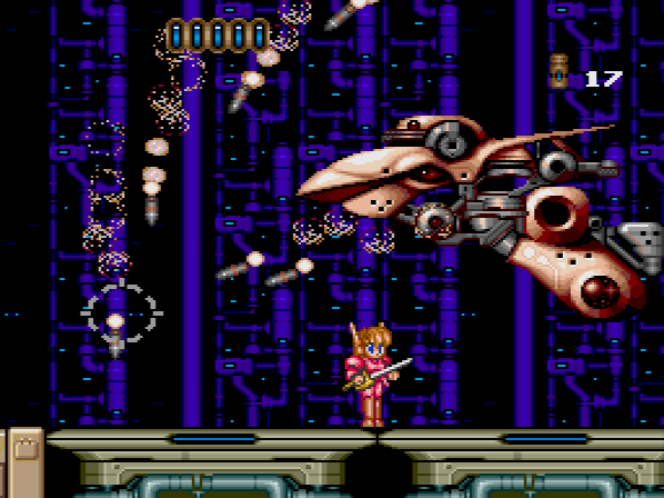 Yep, this is another mid-boss. This is starting to feel like a Treasure game for the Genesis. Anyway, he does the whole death blossom thing with his missiles, but they're easy enough to avoid if you stay out of that targeting reticle. 