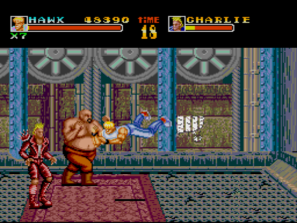 As was the case in Double Dragon, your best move is often the flying kick, performed by jumping forward and hitting the attack button in mid-air (pressing both at the same time activates the special attack). However, if you jump straight up and hit attack, you do an elbow drop instead. Now you're talking!