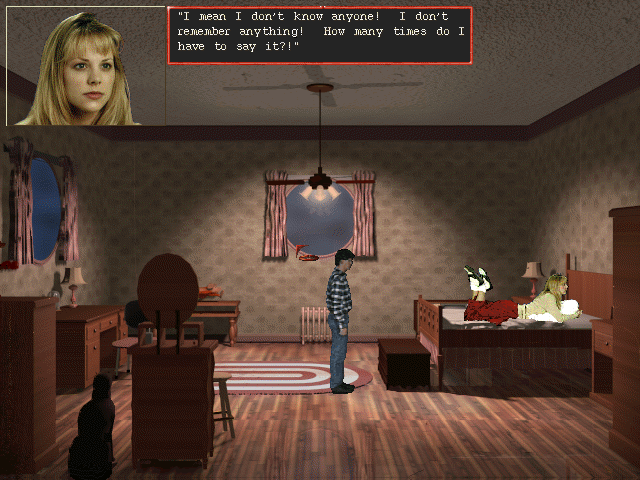 Stephanie, turns out, in a similar predicament as ourselves: she's lost her memory, and nothing about the town seems right to her. She also appears to be a foot taller than us, but that's just the weird scaling on our digitized sprite.