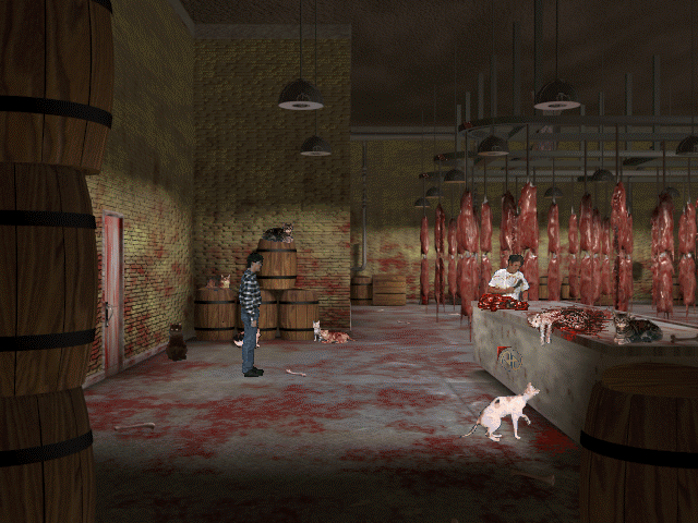 Talking of things I wish I hadn't interacted with, here's the meat plant, owned by our father. Here's an early spoiler: that isn't beef back there.