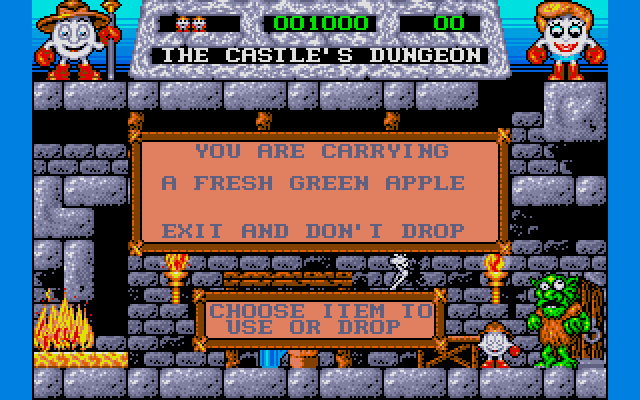 While Dizzy is primarily a 2D platformer, it's also an adventure game of the sort where you pick up items and use them in the right place to make progress. I begin the game with this delicious apple, for instance, but I have room for one other item.
